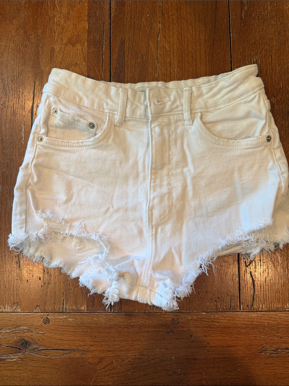 Zara White Distressed High-Waist Denim Shorts